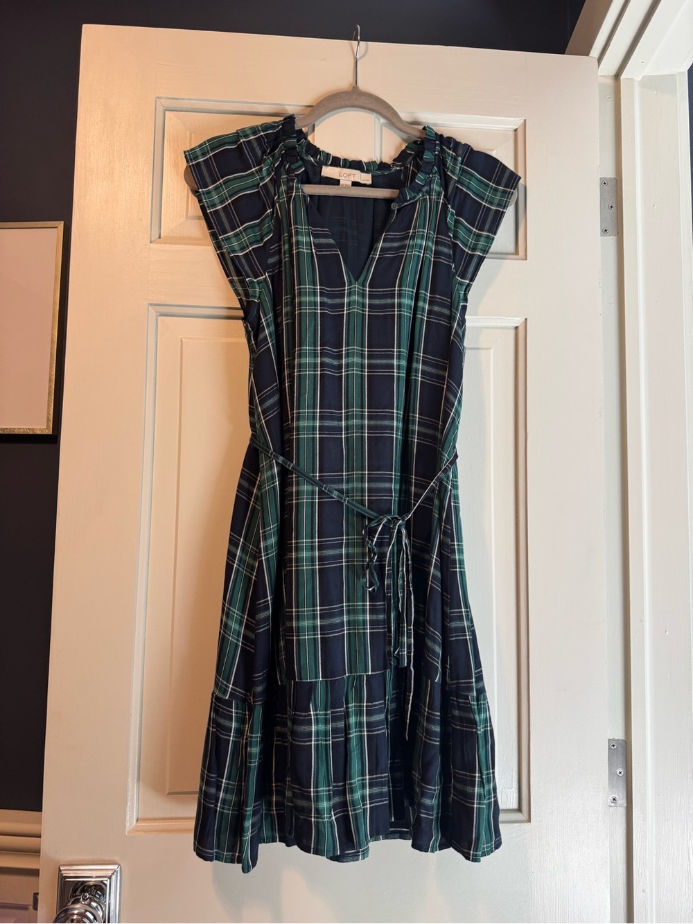LOFT Navy and Green Plaid Tie-Waist Midi Dress